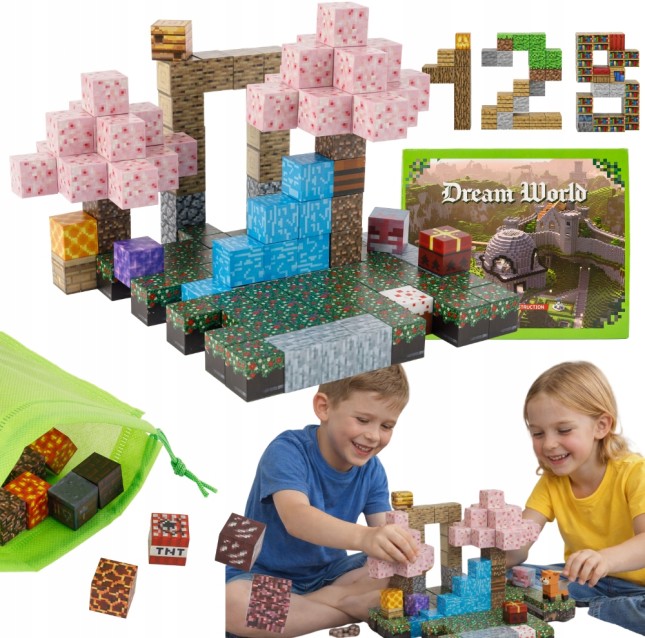 Klocki magnetyczne Minecraft 128szt. konstrukcyjne sześciany + 4 figurki