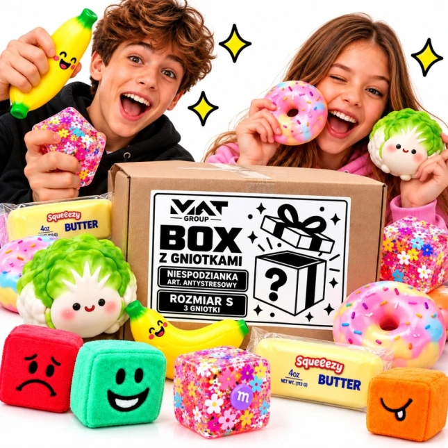 MYSTERY BOX r.S GNIOTKI SQUISHY 3 SZT ANTYSTRESOWE CRUNCHY WAZELINA