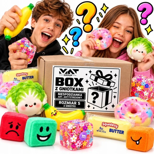 MYSTERY BOX r.S GNIOTKI SQUISHY 3 SZT ANTYSTRESOWE CRUNCHY WAZELINA