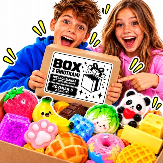 MYSTERY BOX r.S GNIOTKI SQUISHY 3 SZT ANTYSTRESOWE CRUNCHY WAZELINA