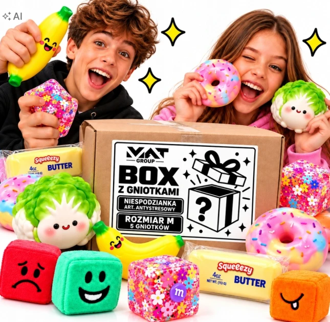 MYSTERY BOX r.M GNIOTKI SQUISHY 5 SZT ANTYSTRESOWE CRUNCHY WAZELINA
