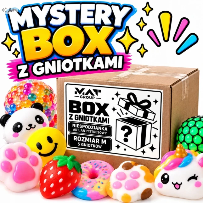 MYSTERY BOX r.M GNIOTKI SQUISHY 5 SZT ANTYSTRESOWE CRUNCHY WAZELINA