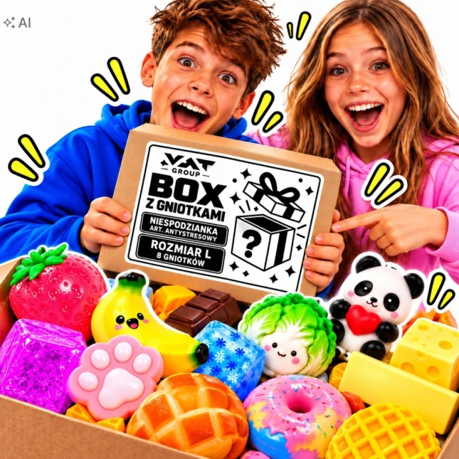 MYSTERY BOX r.L GNIOTKI SQUISHY 8 SZT ANTYSTRESOWE CRUNCHY WAZELINA
