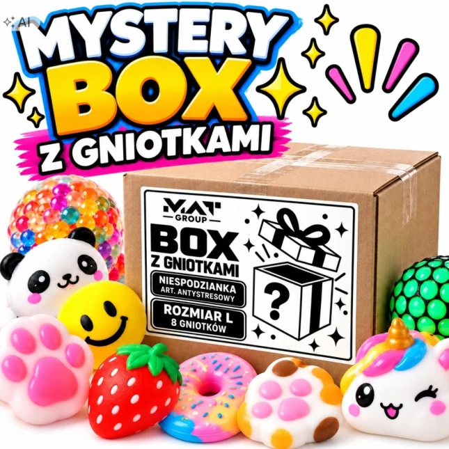 MYSTERY BOX r.L GNIOTKI SQUISHY 8 SZT ANTYSTRESOWE CRUNCHY WAZELINA